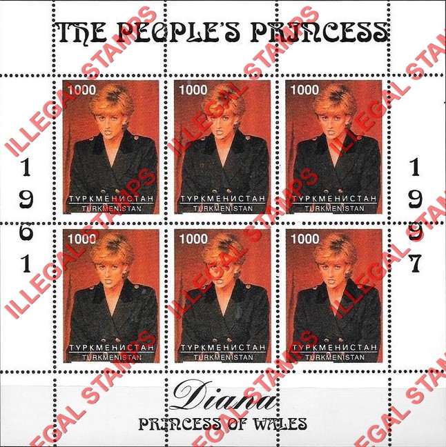 Turkmenistan 1997 Princess Diana the People's Princess Illegal Stamp Souvenir Sheet of 6 of the same Stamp