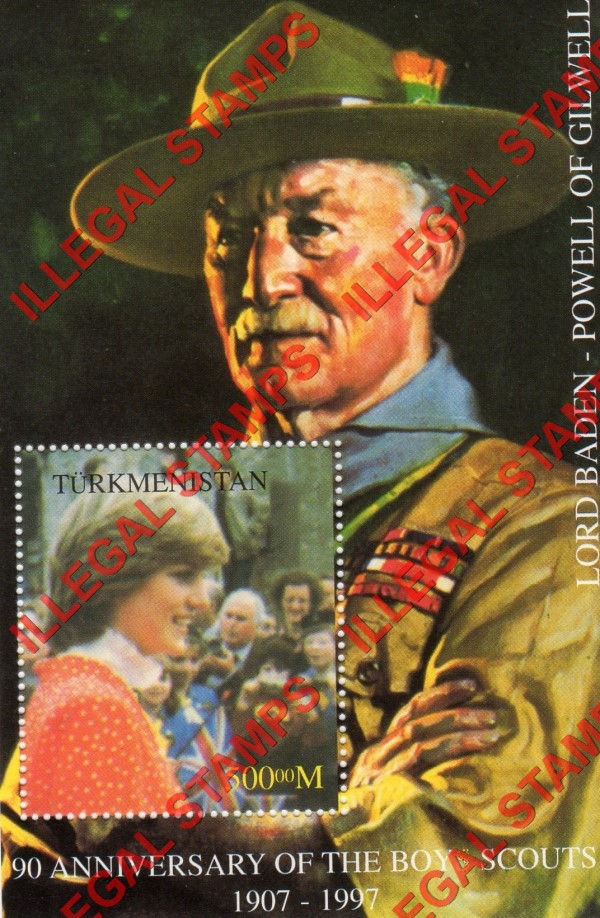 Turkmenistan 1997 Scouts Baden Powell and Princess Diana Illegal Stamp Souvenir Sheet of 1