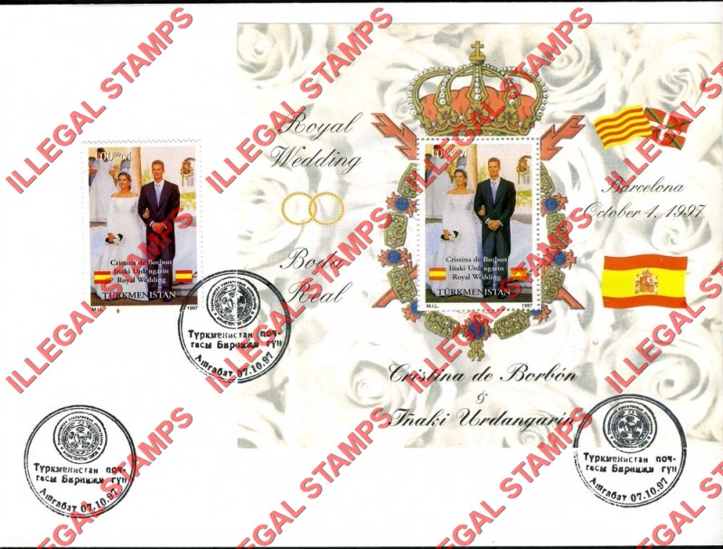Turkmenistan 1997 Spanish Royal Wedding Illegal Stamp Souvenir Sheet of 1 on Fake First Day Cover