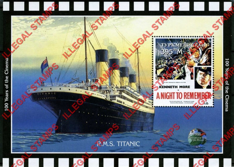 Turkmenistan 1997 Titanic 100 Years of the Cinema Illegal Stamp Souvenir Sheet of 1