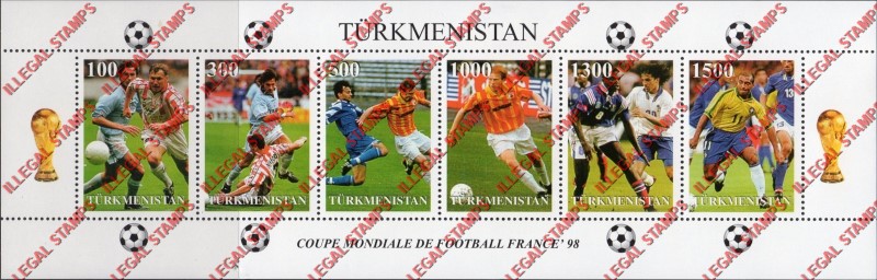 Turkmenistan 1997 World Cup Soccer Football France 98 Illegal Stamp Souvenir Sheet of 6