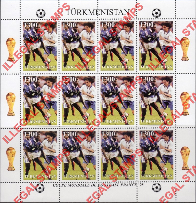 Turkmenistan 1997 World Cup Soccer Football France 98 Illegal Stamp Souvenir Sheet of 12