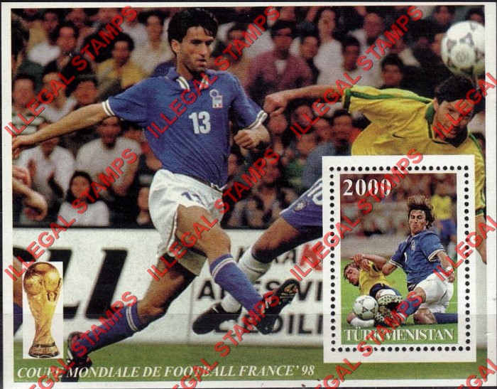 Turkmenistan 1997 World Cup Soccer Football France 98 Illegal Stamp Souvenir Sheet of 1