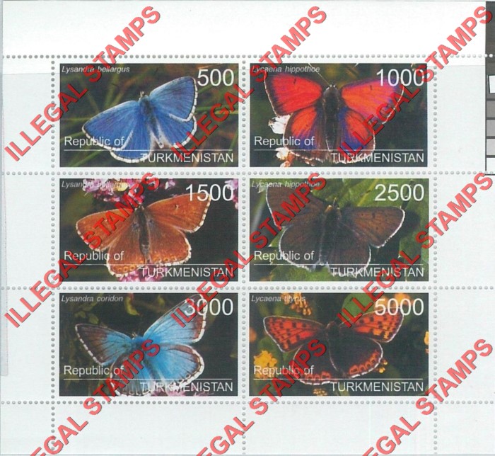 Turkmenistan 1998 Butterflies Illegal Stamp Souvenir Sheet of 6