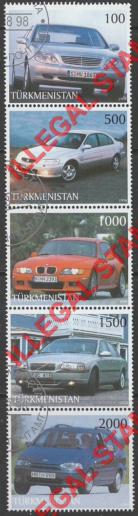 Turkmenistan 1998 Cars Illegal Stamp Strip of 5