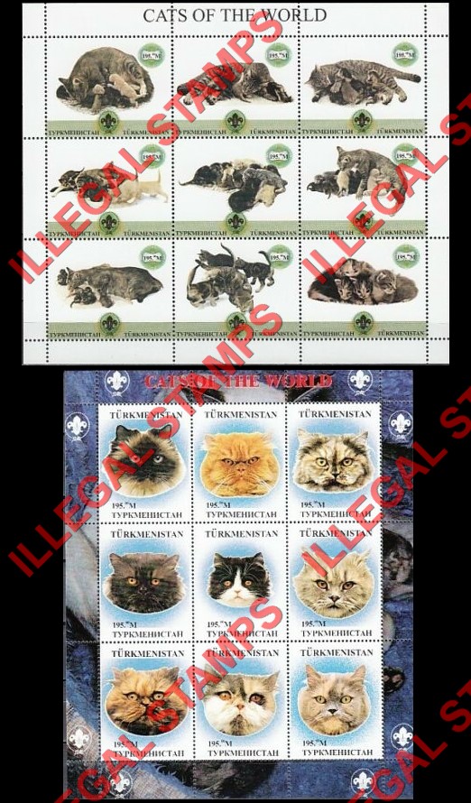 Turkmenistan 1998 Cats of the World Illegal Stamp Souvenir Sheets of 9