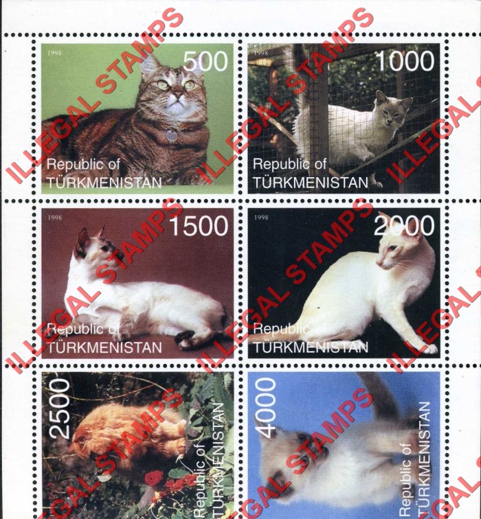 Turkmenistan 1998 Cats Illegal Stamp Souvenir Sheet of 6