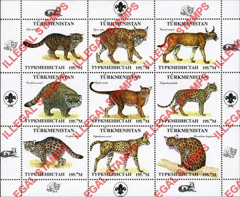 Turkmenistan 1998 Cats Wild Cats Illegal Stamp Souvenir Sheet of 9