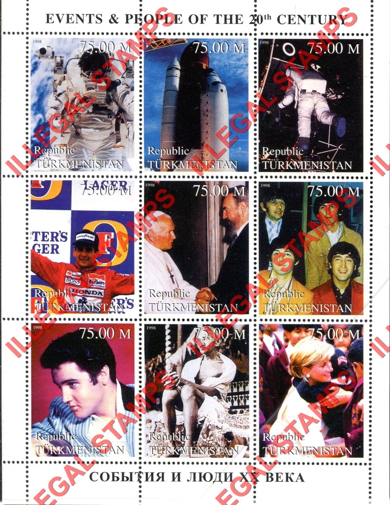 Turkmenistan 1998 Events and People of the 20th Century Illegal Stamp Souvenir Sheet of 9