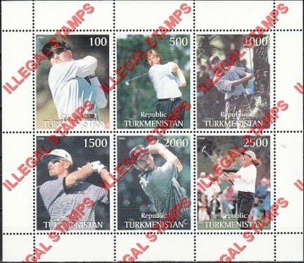 Turkmenistan 1998 Golf Players Golfers Illegal Stamp Souvenir Sheet of 6