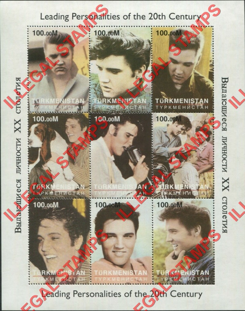 Turkmenistan 1998 Leading Personalities of the 20th Century Elvis Presley Illegal Stamp Souvenir Sheet of 9