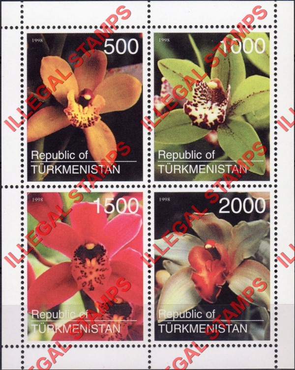 Turkmenistan 1998 Orchids Illegal Stamp Souvenir Sheet of 4 (Different)