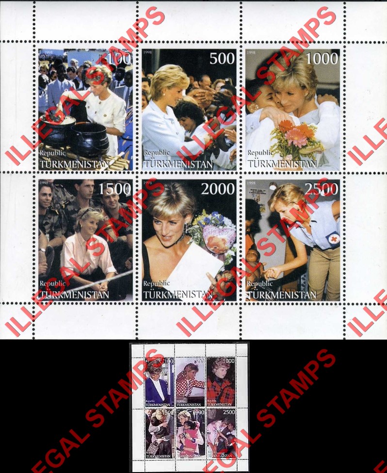 Turkmenistan 1998 Princess Diana Illegal Stamp Souvenir Sheet of 6