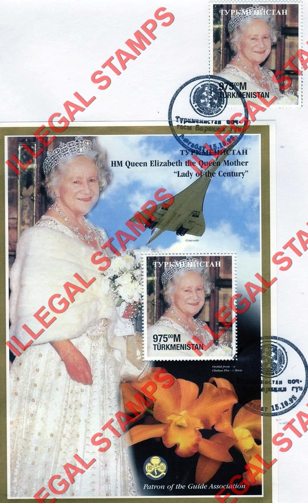 Turkmenistan 1998 Queen Mother Scouts and Concorde Illegal Stamp Souvenir Sheet of 1 on Fake First Day Cover