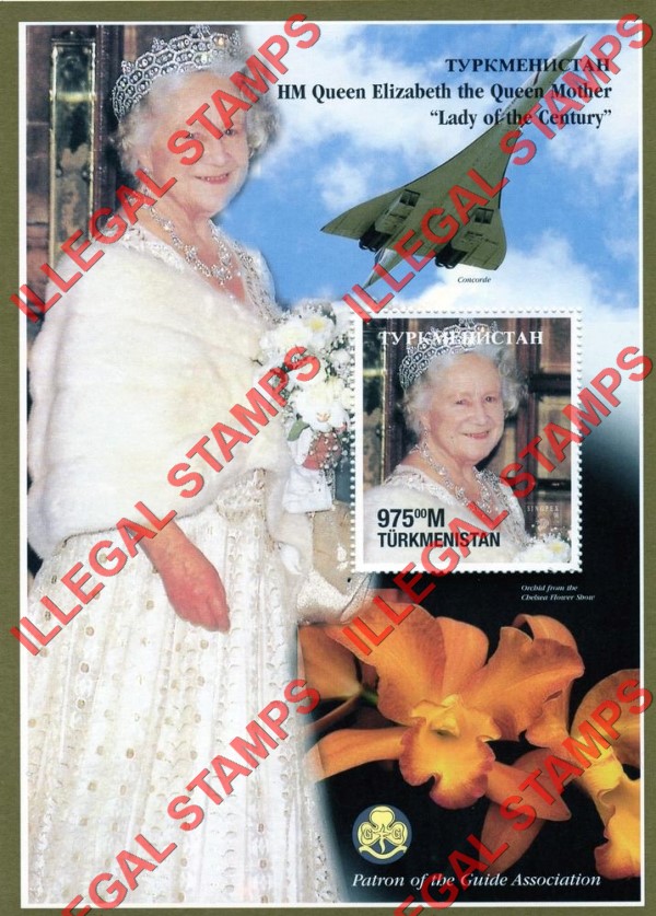 Turkmenistan 1998 Queen Mother Scouts and Concorde Illegal Stamp Souvenir Sheet of 1
