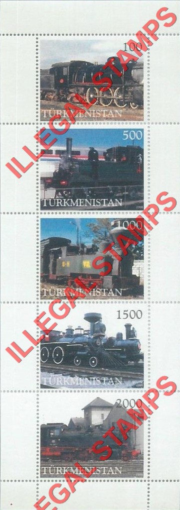 Turkmenistan 1998 Steam Locomotives Illegal Stamp Souvenir Sheet of 5