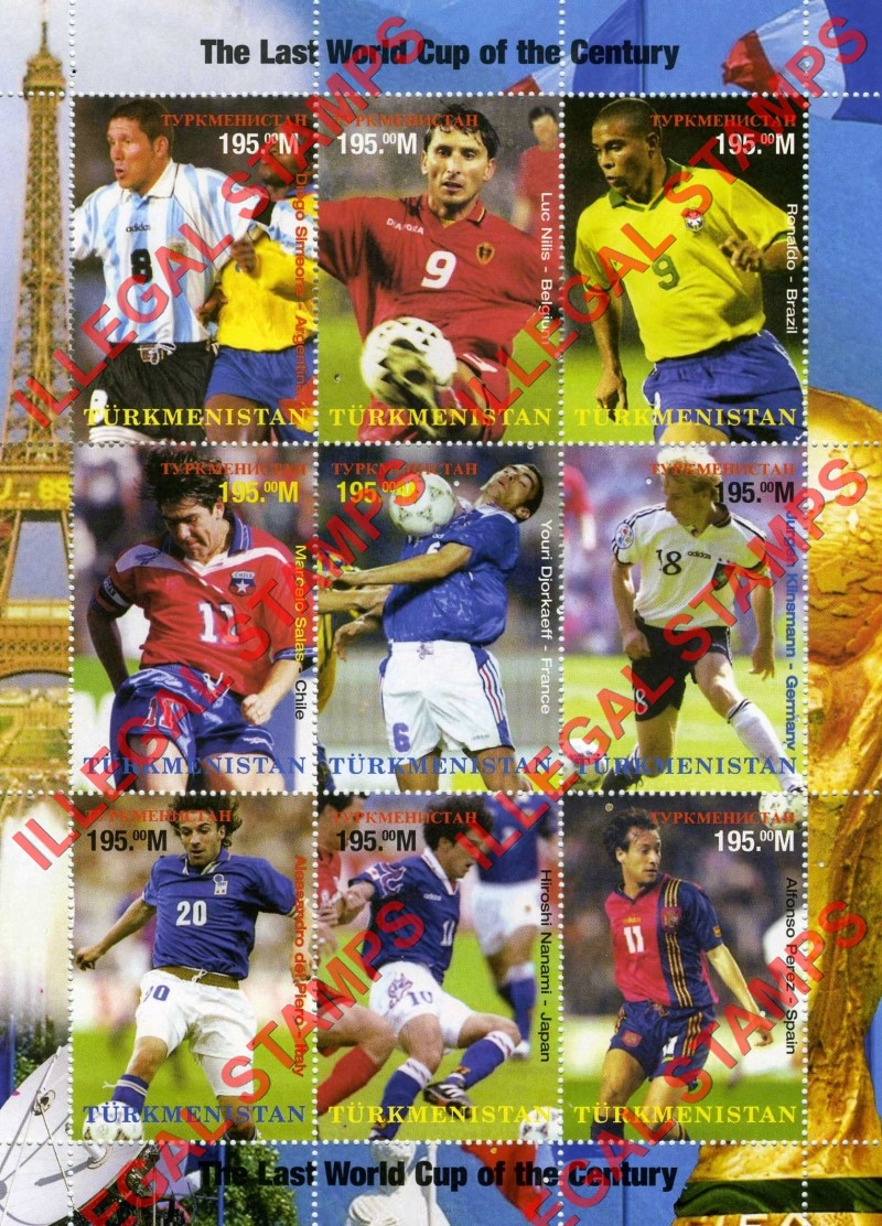 Turkmenistan 1998 World Cup Soccer Football Illegal Stamp Souvenir Sheet of 9
