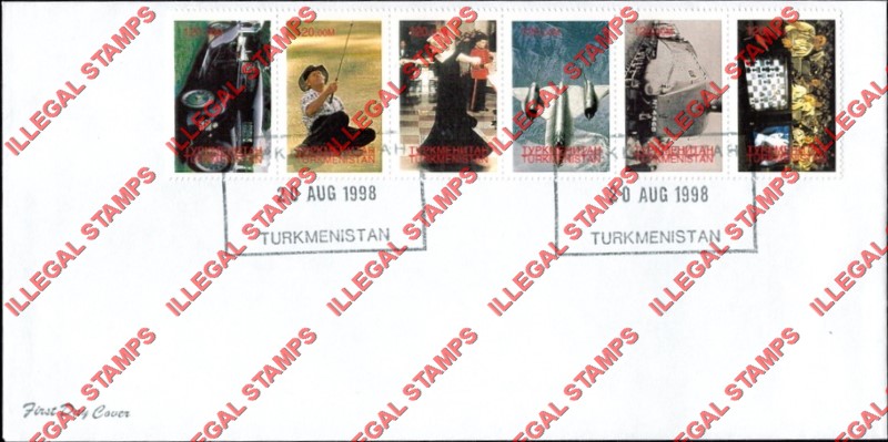 Turkmenistan 1998 World Records Millennium Series Illegal Stamp Strip of 6 on Fake First Day Cover