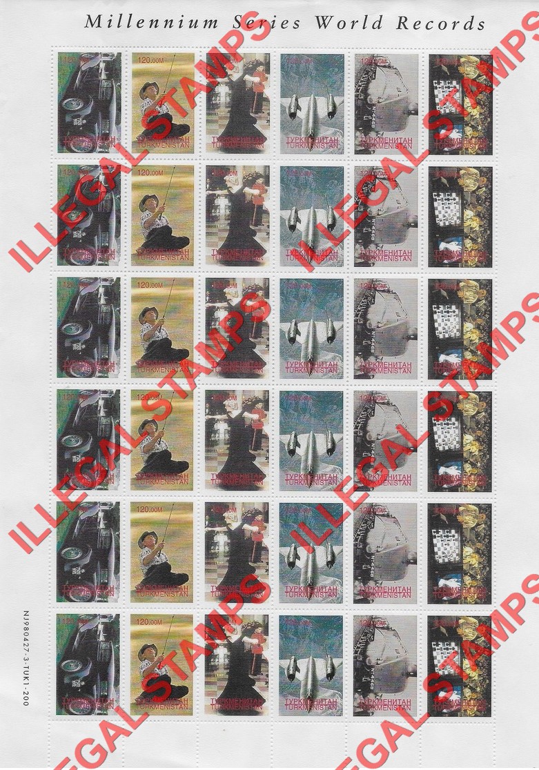 Turkmenistan 1998 World Records Millennium Series Illegal Stamp Sheet of 6 Strips of 6
