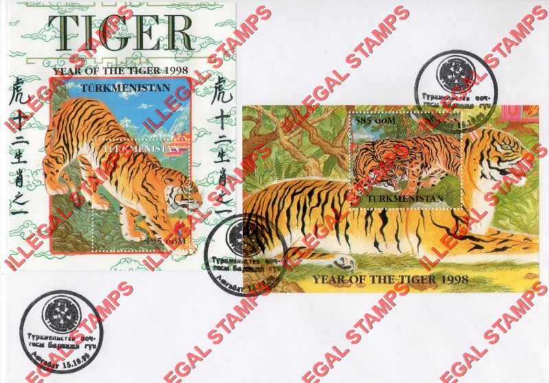 Turkmenistan 1998 Year of the Tiger Illegal Stamp Souvenir Sheets of 1 on Fake First Day Cover