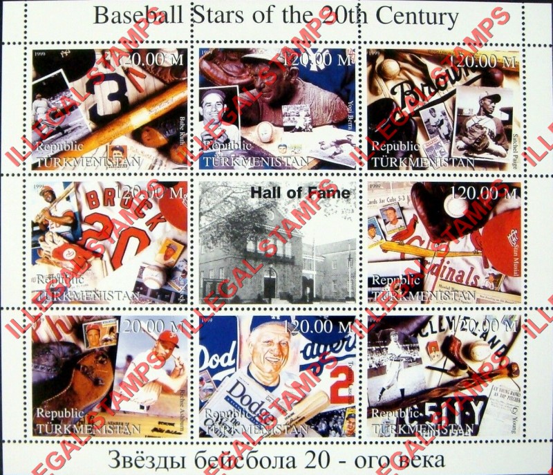 Turkmenistan 1999 Baseball Stars of the 20th Century Illegal Stamp Souvenir Sheet of 9