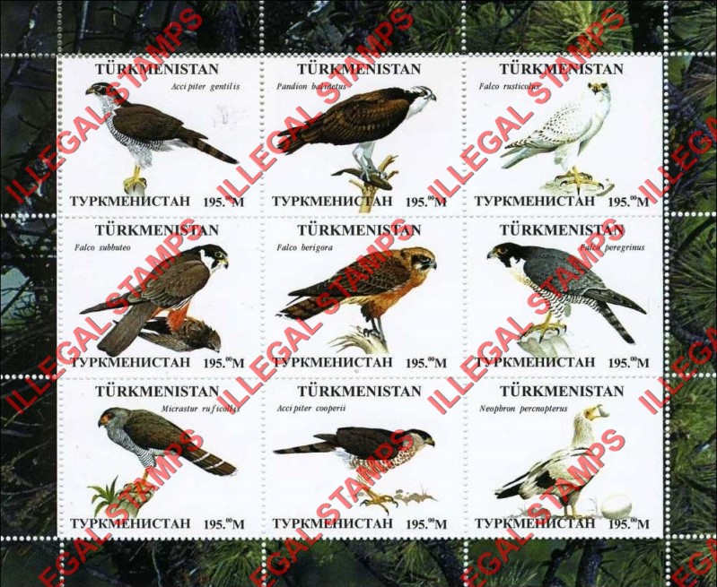 Turkmenistan 1999 Birds of Prey Illegal Stamp Souvenir Sheet of 9