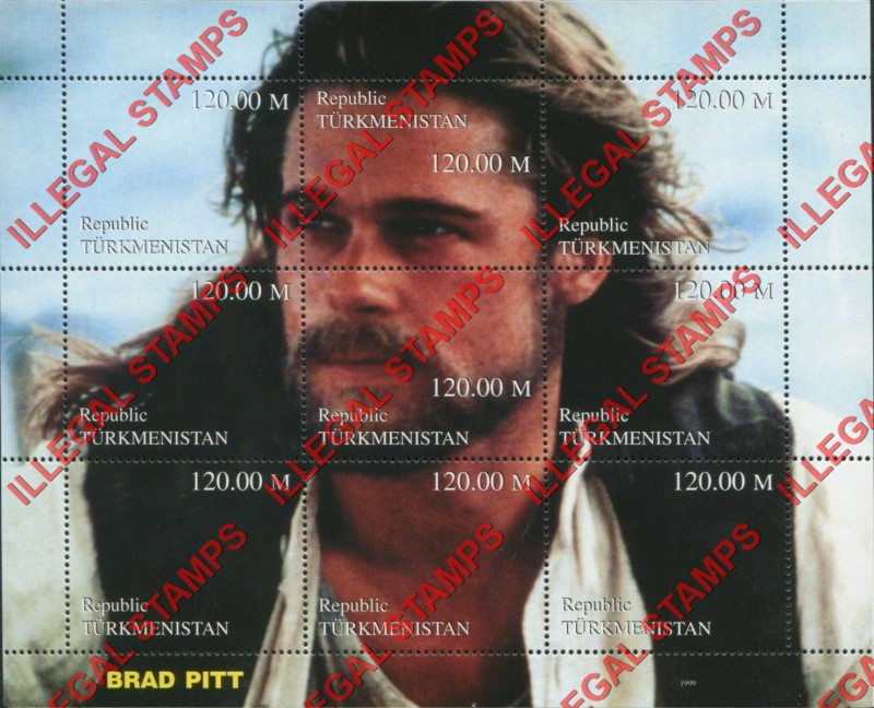 Turkmenistan 1999 Brad Pitt Illegal Stamp Souvenir Sheet of 9