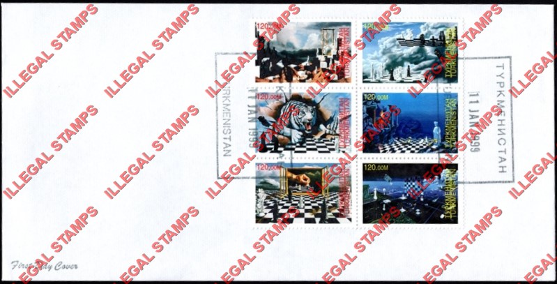 Turkmenistan 1999 Chess Boards Illegal Stamp Souvenir Sheet of 6 on Fake First Day Cover
