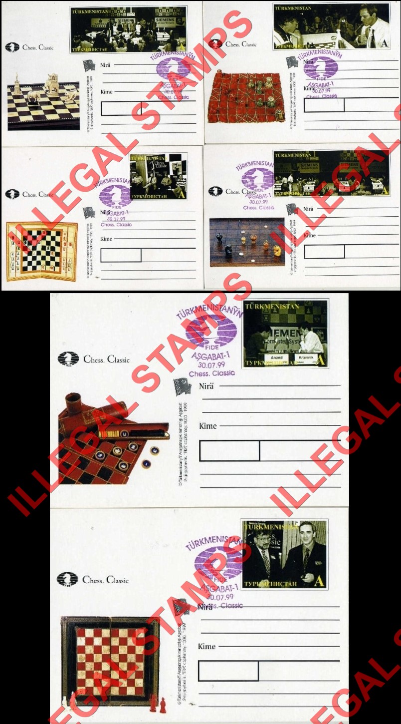 Turkmenistan 1999 Chess Classic Illegal Stamp Fake Postcards