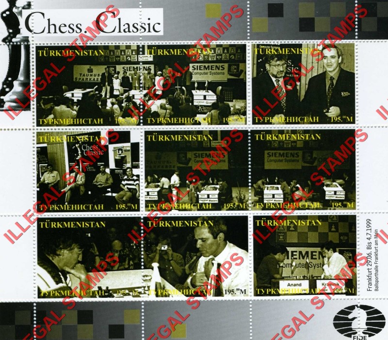Turkmenistan 1999 Chess Classic Illegal Stamp Souvenir Sheet of 9