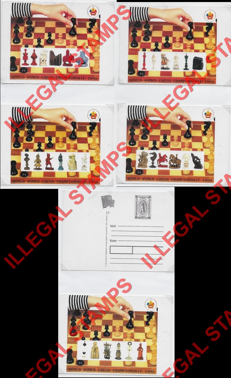 Turkmenistan 1999 Chess Pieces Women's Chess Championship Illegal Stamp Fake Postcards