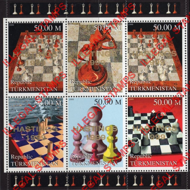 Turkmenistan 1999 Chess Illegal Stamp Souvenir Sheet of 6 Overprinted HASTINGS 1999