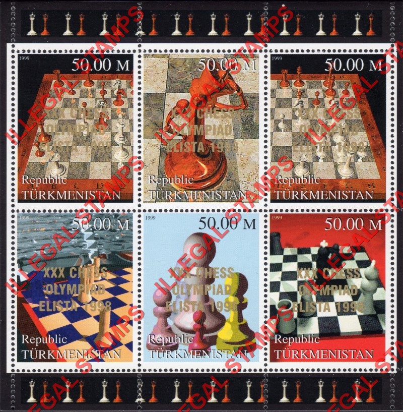 Turkmenistan 1999 Chess Illegal Stamp Souvenir Sheet of 6 Overprinted XXX CHESS OLYMPIAD ELISTA 1998