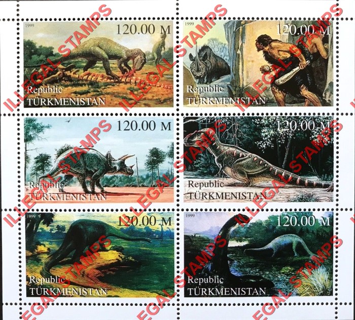 Turkmenistan 1999 Dinosaurs Illegal Stamp Souvenir Sheet of 6