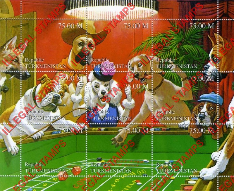 Turkmenistan 1999 Dogs Gambling Playing Craps Illegal Stamp Souvenir Sheet of 9