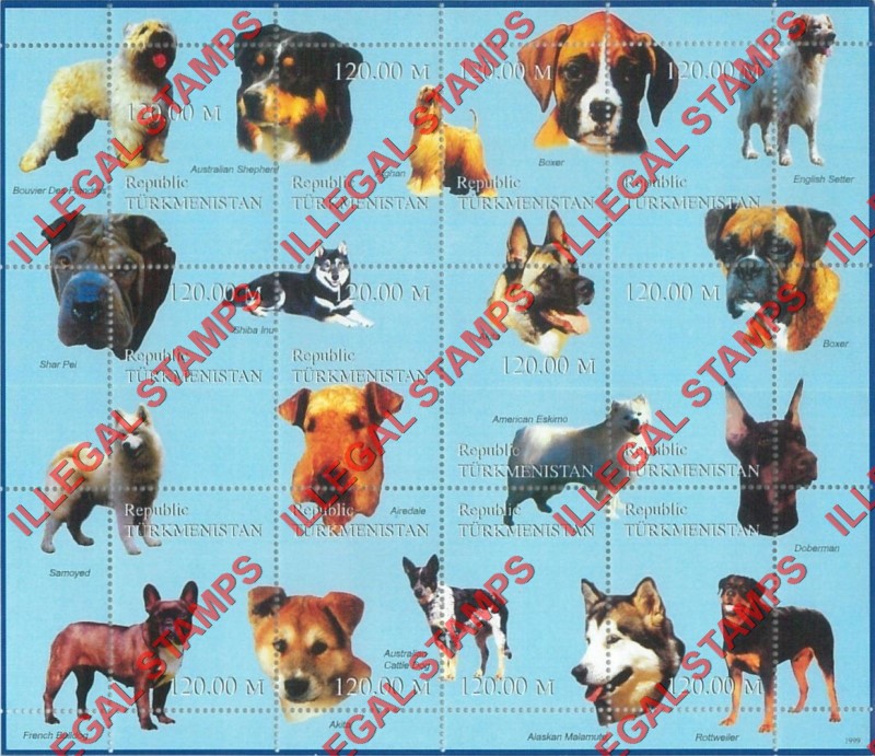 Turkmenistan 1999 Dogs Illegal Stamp Souvenir Sheet of 12