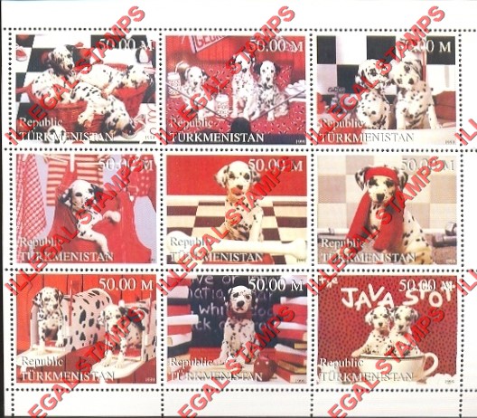 Turkmenistan 1999 Dogs Dalmatian Puppies Illegal Stamp Souvenir Sheet of 9