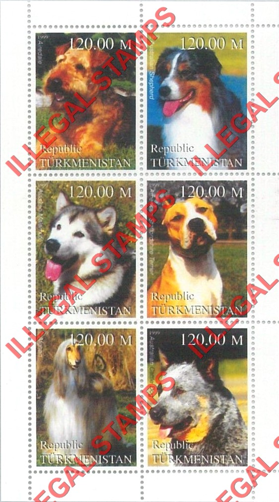Turkmenistan 1999 Dogs Illegal Stamp Souvenir Sheet of 6