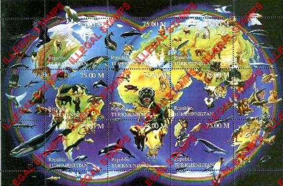 Turkmenistan 1999 Endangered Wildlife Illegal Stamp Souvenir Sheet of 9