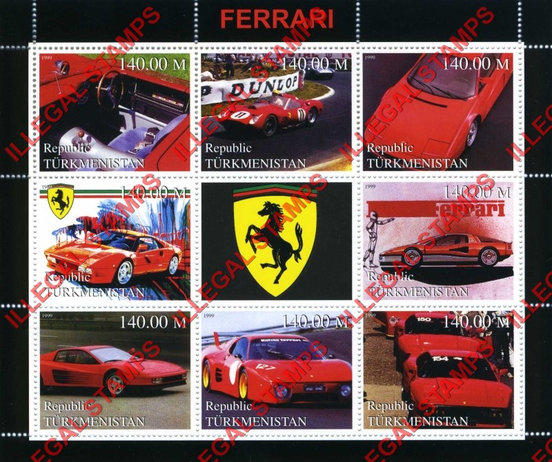 Turkmenistan 1999 Ferrari Illegal Stamp Souvenir Sheet of 9