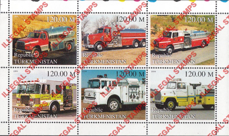 Turkmenistan 1999 Fire Engines Illegal Stamp Souvenir Sheet of 6