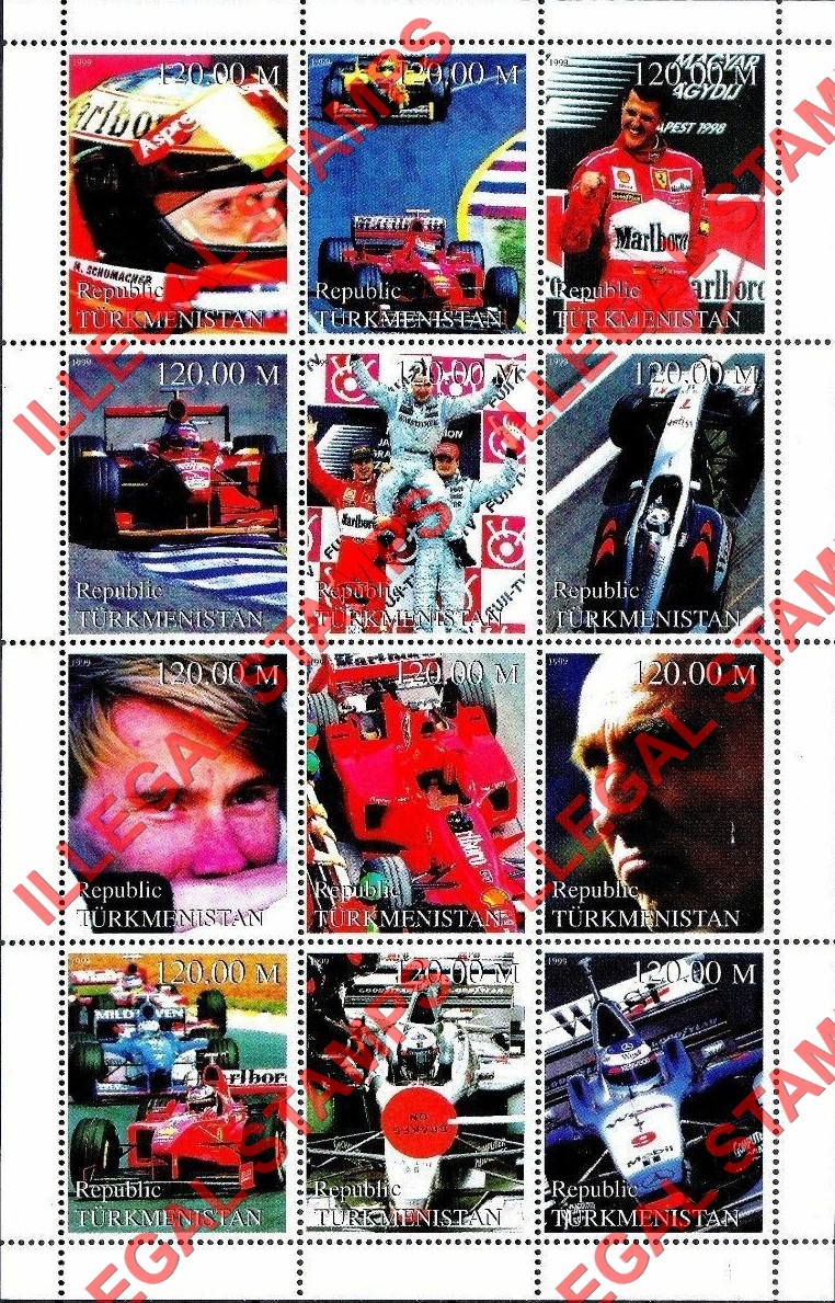 Turkmenistan 1999 Formula I Cars and Drivers Illegal Stamp Souvenir Sheet of 12