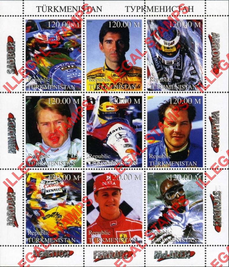 Turkmenistan 1999 Formula I Cars and Drivers Illegal Stamp Souvenir Sheet of 9