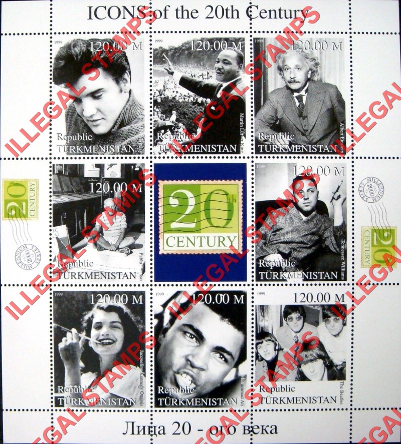 Turkmenistan 1999 Icons of the 20th Century Illegal Stamp Souvenir Sheets of 8 Plus 20th Century Label (Sheet 1)