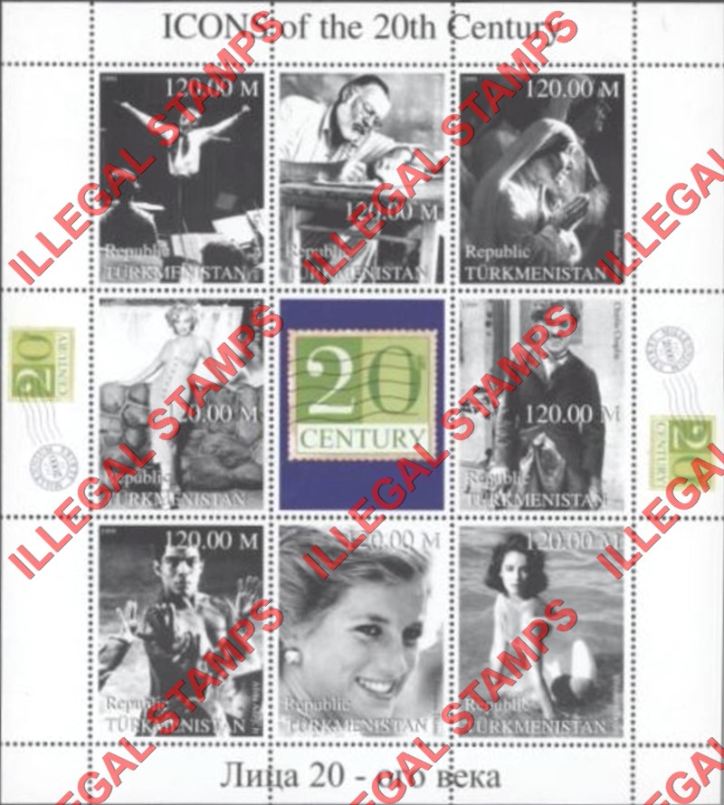 Turkmenistan 1999 Icons of the 20th Century Illegal Stamp Souvenir Sheets of 8 Plus 20th Century Label (Sheet 2)