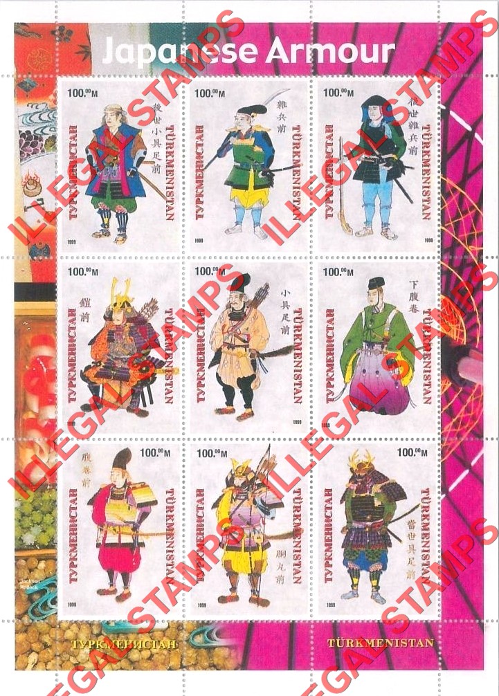 Turkmenistan 1999 Japanese Armor Spelled Armour Illegal Stamp Souvenir Sheet of 9