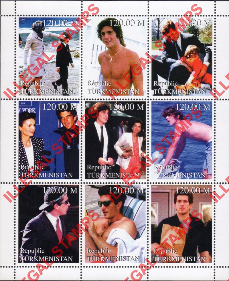 Turkmenistan 1999 John Kennedy Jr. Illegal Stamp Souvenir Sheets of 9 (Sheet 2)