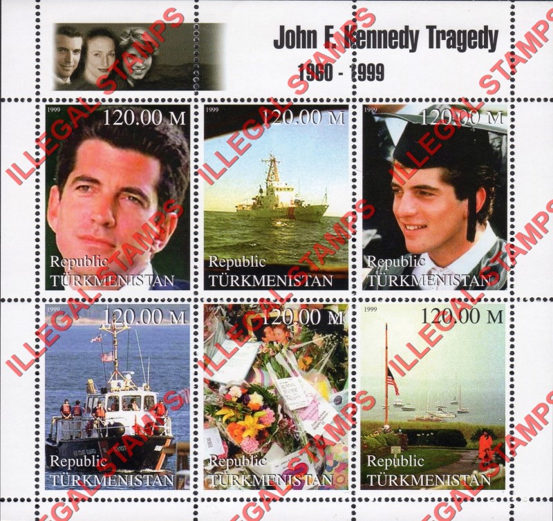 Turkmenistan 1999 John Kennedy Jr. Tragedy Illegal Stamp Souvenir Sheet of 6