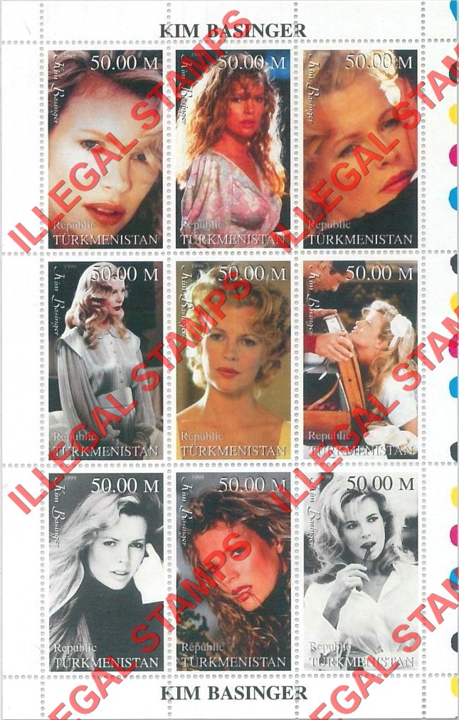 Turkmenistan 1999 Kim Basinger Illegal Stamp Souvenir Sheet of 9