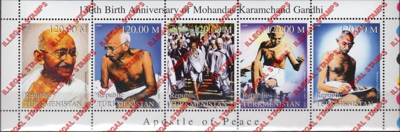 Turkmenistan 1999 Mahatma Gandhi Illegal Stamp Souvenir Sheet of 5
